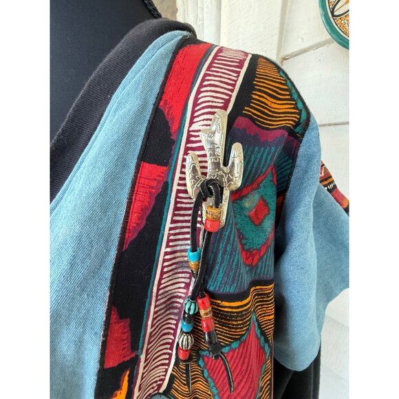 Vintage 80's handmade Southwestern-style denim jacket/sweatshirt Womens XL - Picture 3 of 16